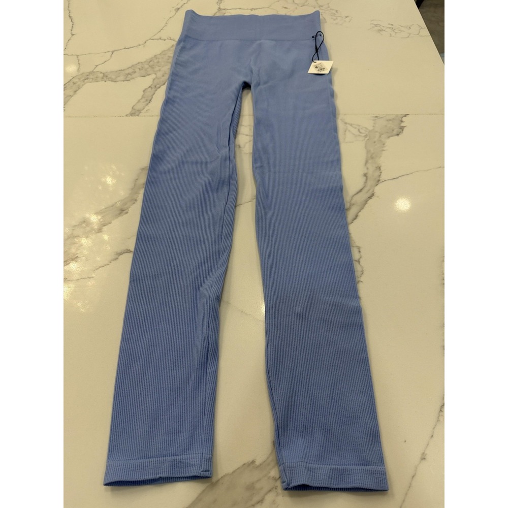 ReVamped Leggings Womens XS/S Blue Ribbed Knit High Rise Stretch Ankle Pull On